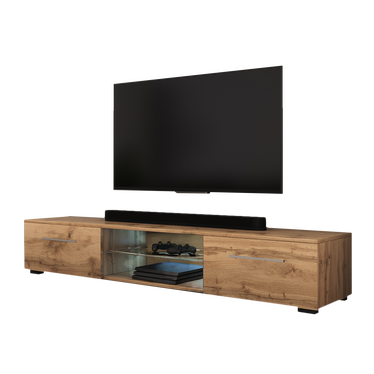 Selsey Edith TV Stand Modern TV Cabinet 140cm, Matte Black // Black Gloss Front Panels with LED Lighting